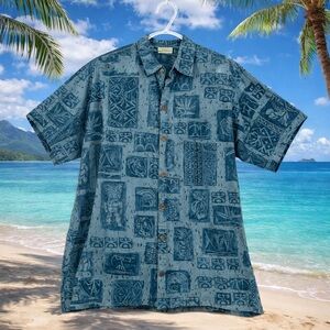 Go Barefoot Hawaiian Camp Shirt MEDIUM Blue Tiki Patchwork Print Made in USA